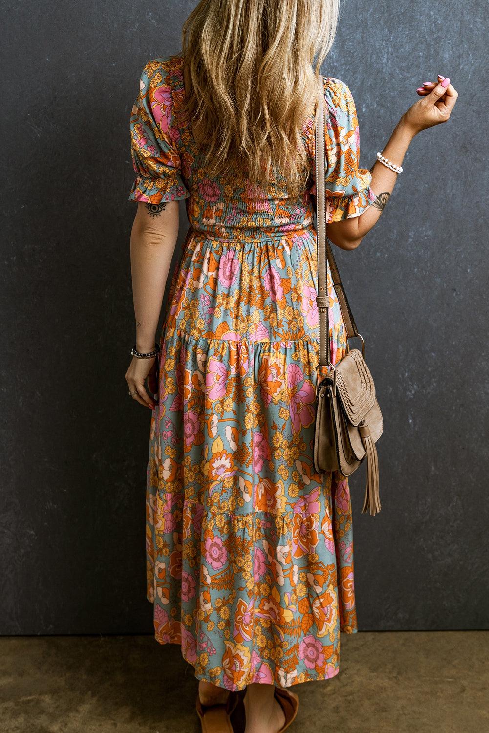 Robe Fleurie Taille Haute avec Manches Bouffantes pour Femmes