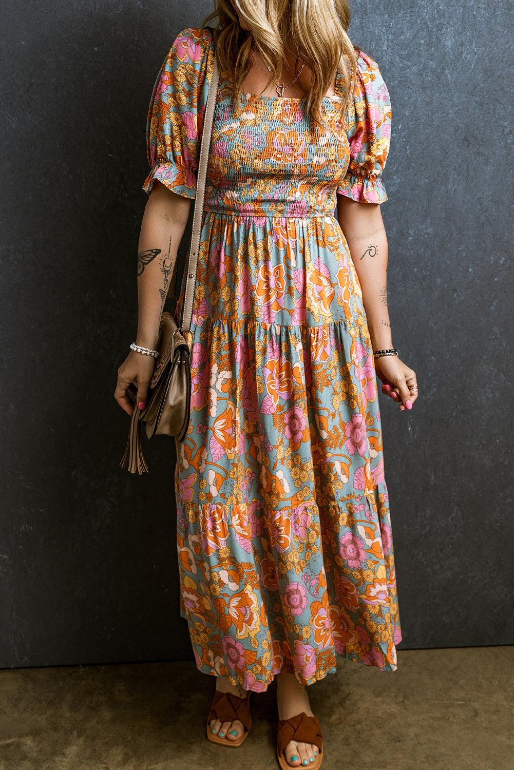 Robe Fleurie Taille Haute avec Manches Bouffantes pour Femmes