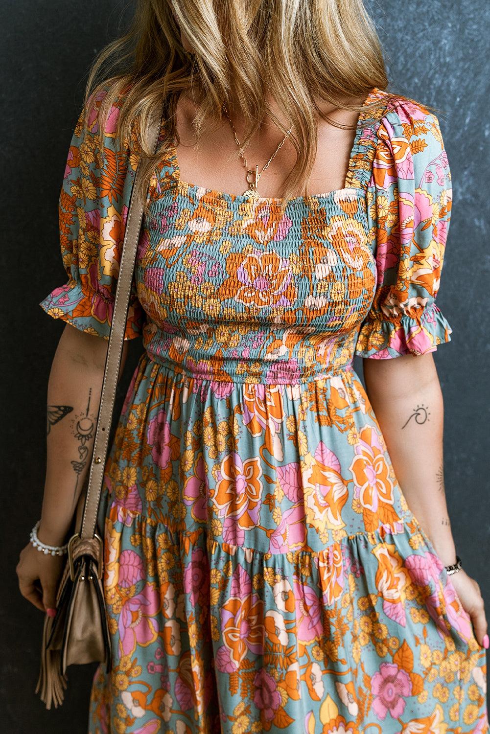 Robe Fleurie Taille Haute avec Manches Bouffantes pour Femmes