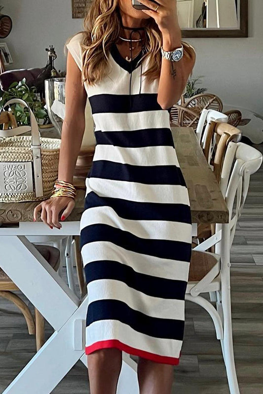 Robe Midi Rayée à Manches Courtes en V