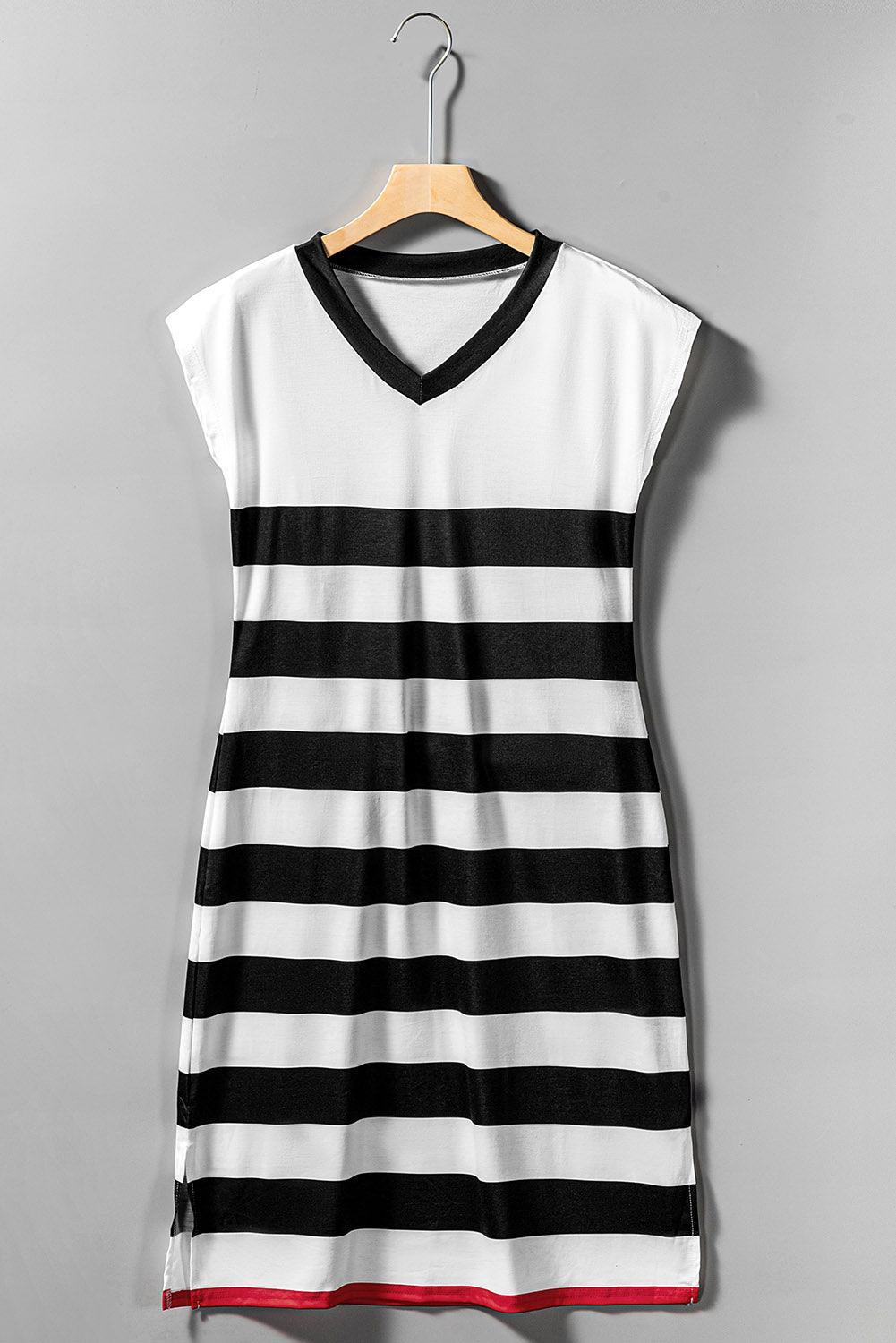 Robe Midi Rayée à Manches Courtes en V