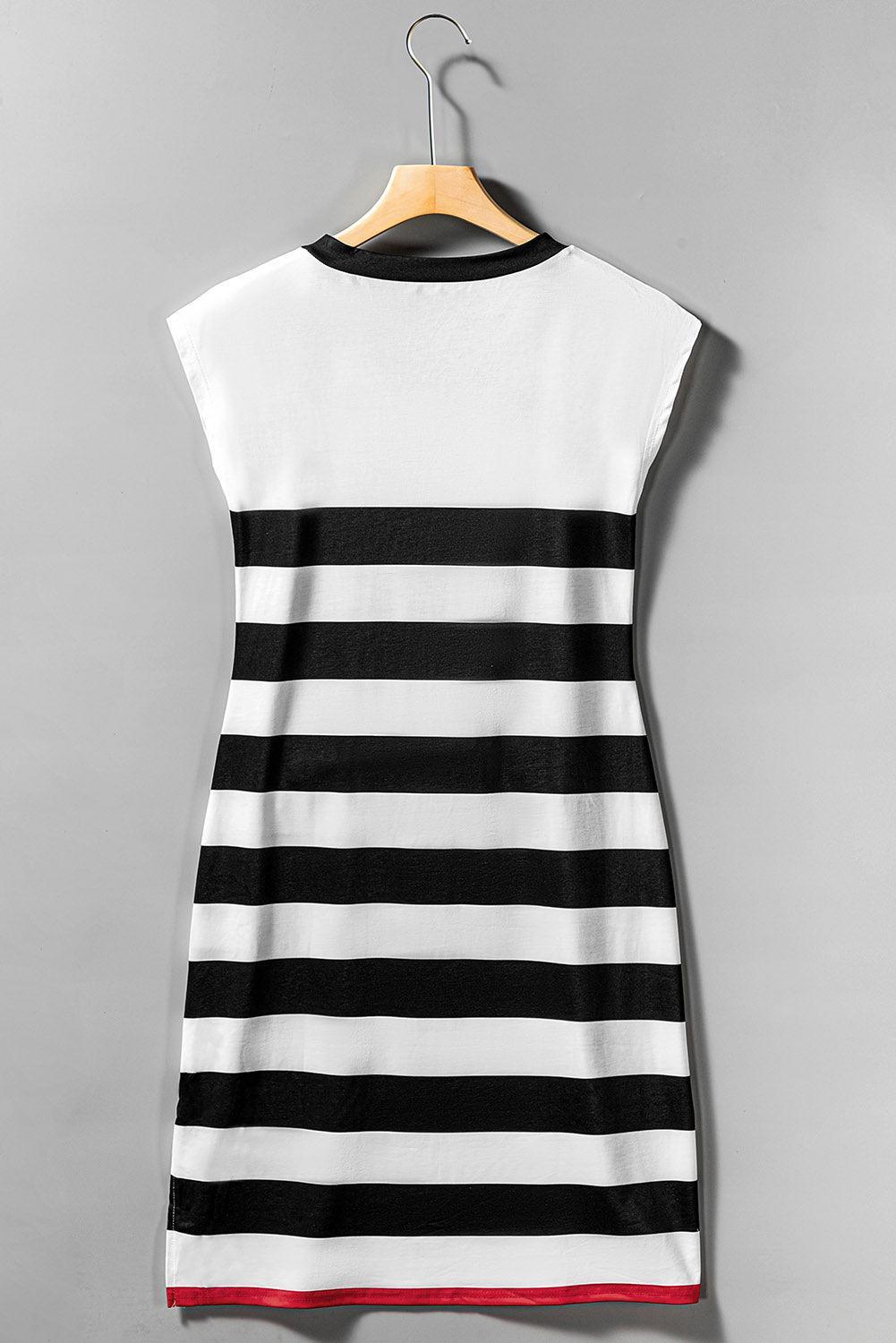 Robe Midi Rayée à Manches Courtes en V