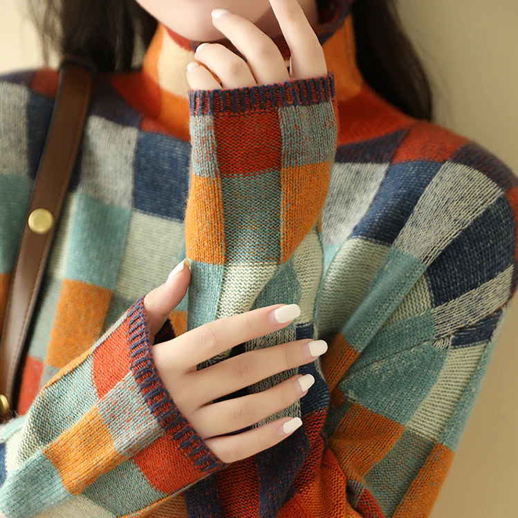 Pull Oversize à Carreaux et Col Montant pour Femme