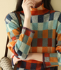 Pull Oversize à Carreaux et Col Montant pour Femme