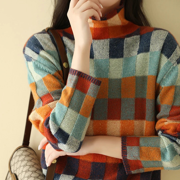 Pull Oversize à Carreaux et Col Montant pour Femme