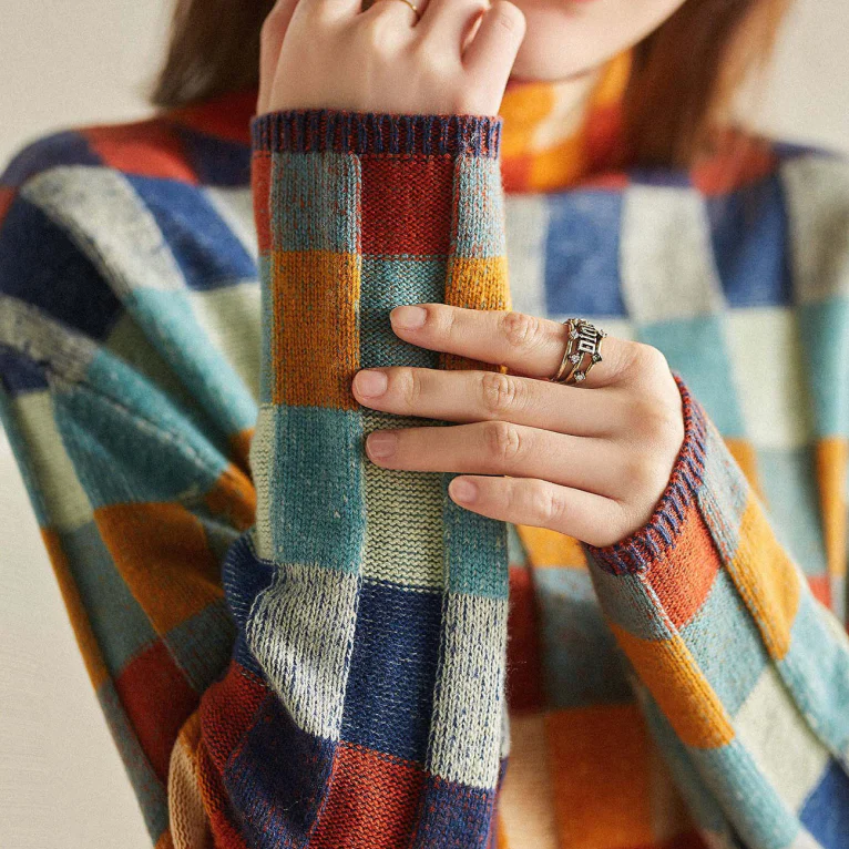 Pull Oversize à Carreaux et Col Montant pour Femme