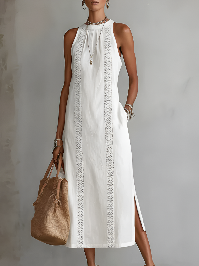 Robe Midi Femme Col Mandarin en Lin et Coton