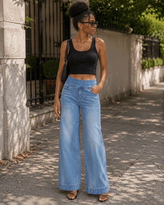 Jean Large Taille Haute et Coupe Droite avec Poches pour Femme - Emilia Lane