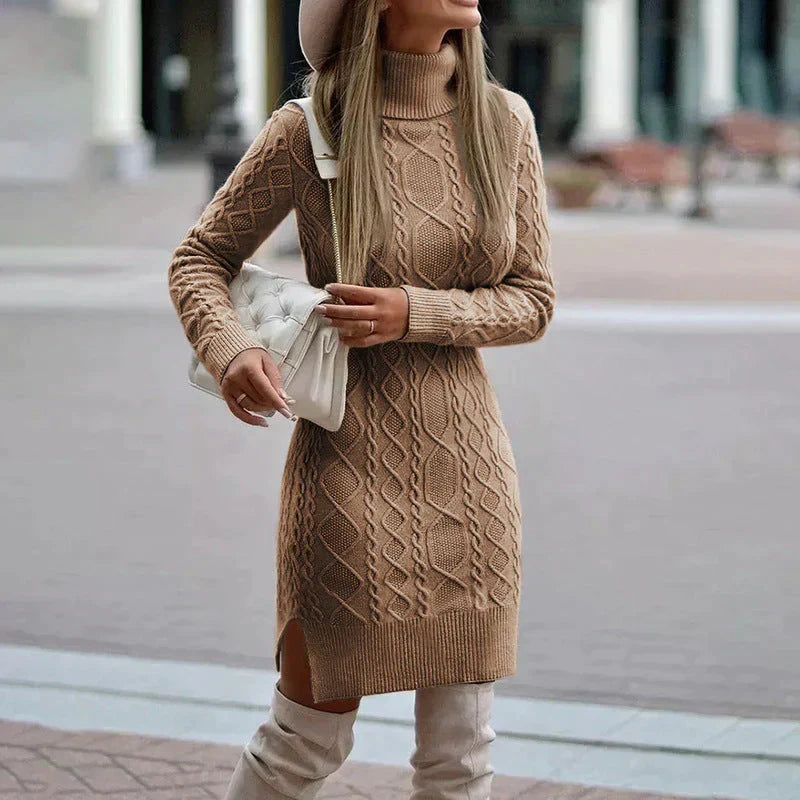 Robe Pull Courte Cintrée à Manches Longues et Col Roulé pour Femme