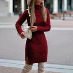 Robe Pull Courte Cintrée à Manches Longues et Col Roulé pour Femme