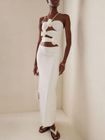 Robe Longue Col Halter avec Décorations Florales pour Femmes