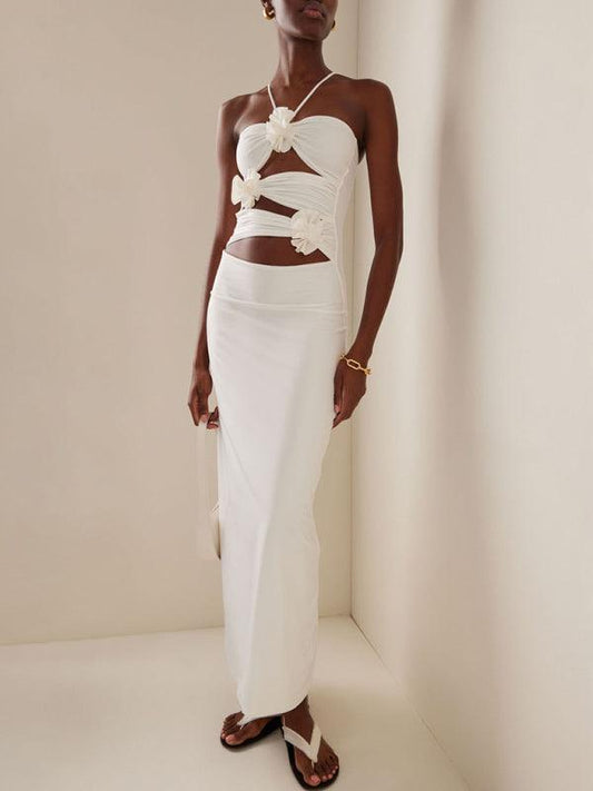 Robe Longue Col Halter avec Décorations Florales pour Femmes
