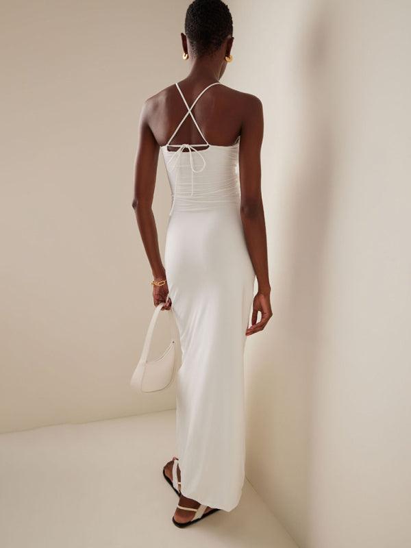 Robe Longue Col Halter avec Décorations Florales pour Femmes