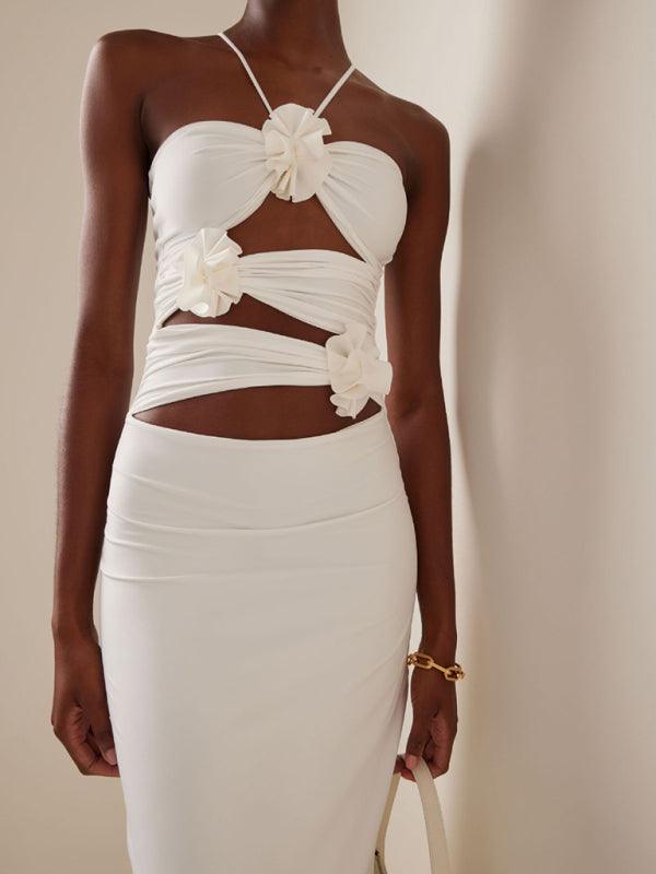 Robe Longue Col Halter avec Décorations Florales pour Femmes