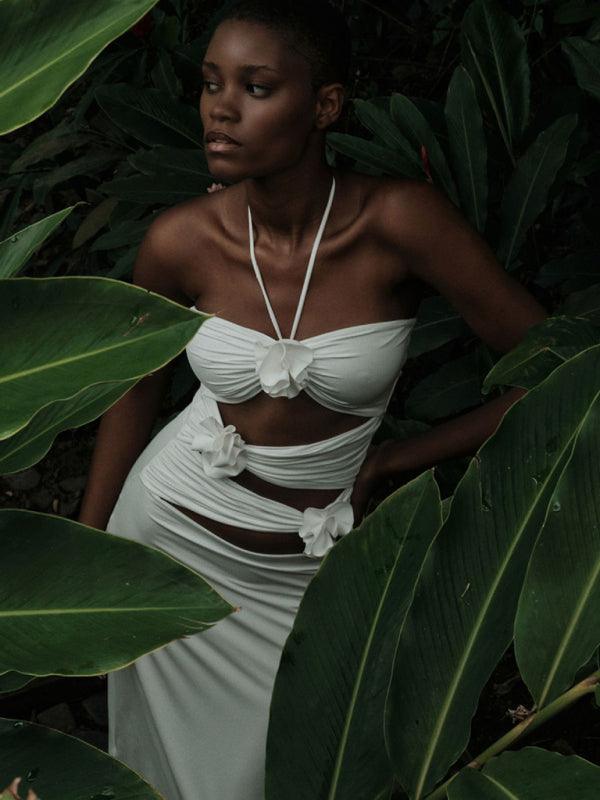 Robe Longue Col Halter avec Décorations Florales pour Femmes