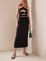 Robe Longue Col Halter avec Décorations Florales pour Femmes