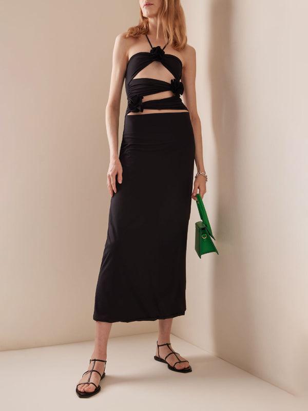 Robe Longue Col Halter avec Décorations Florales pour Femmes