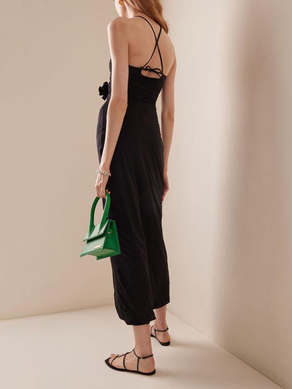 Robe Longue Col Halter avec Décorations Florales pour Femmes