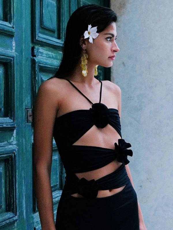 Robe Longue Col Halter avec Décorations Florales pour Femmes