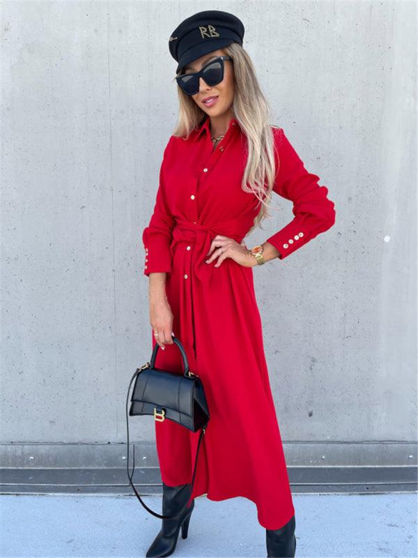 Robe Longue Ceinture et Boutons pour Femmes
