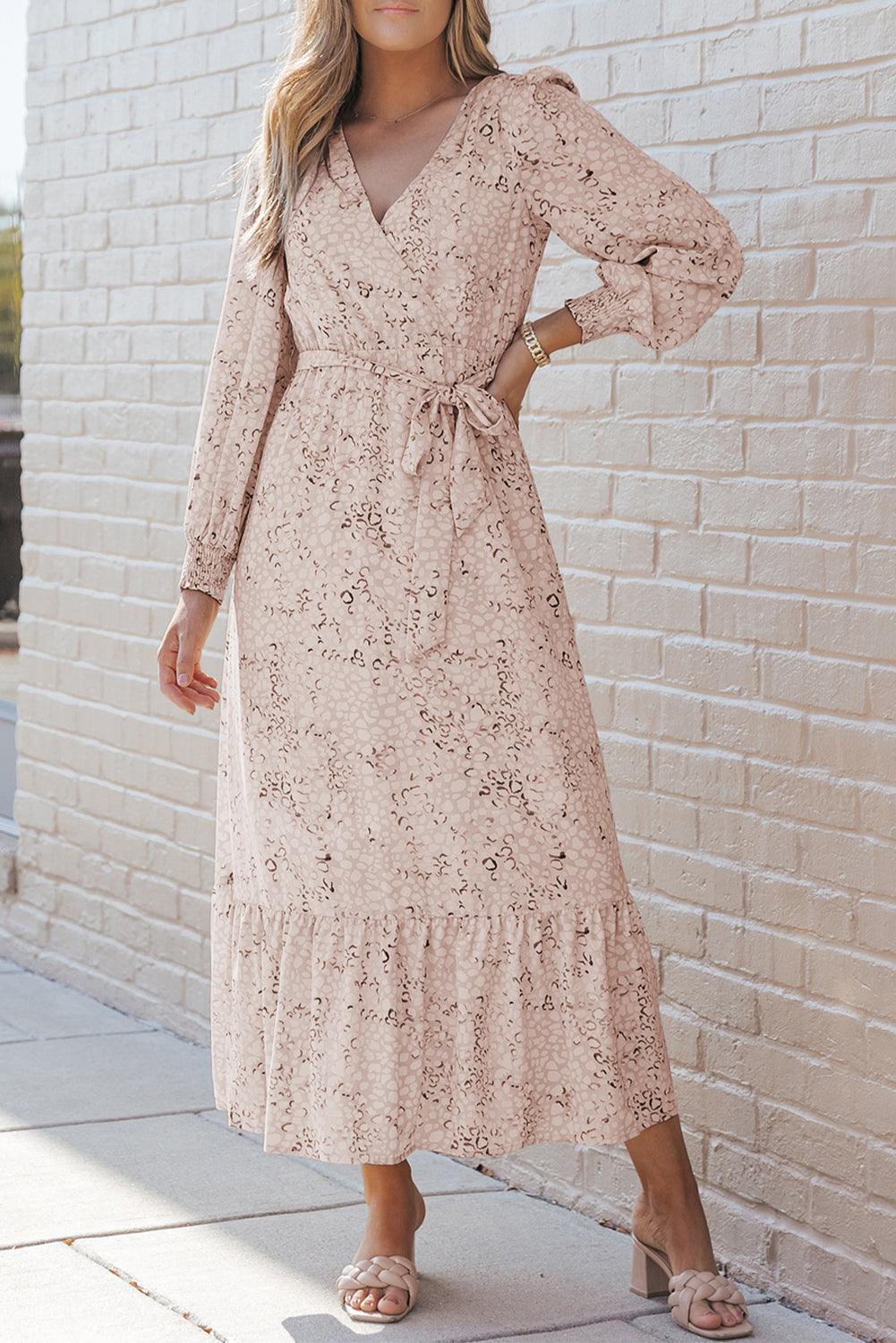 Robe Maxi Imprimé Léopard avec Ceinture et Manches Bouffantes