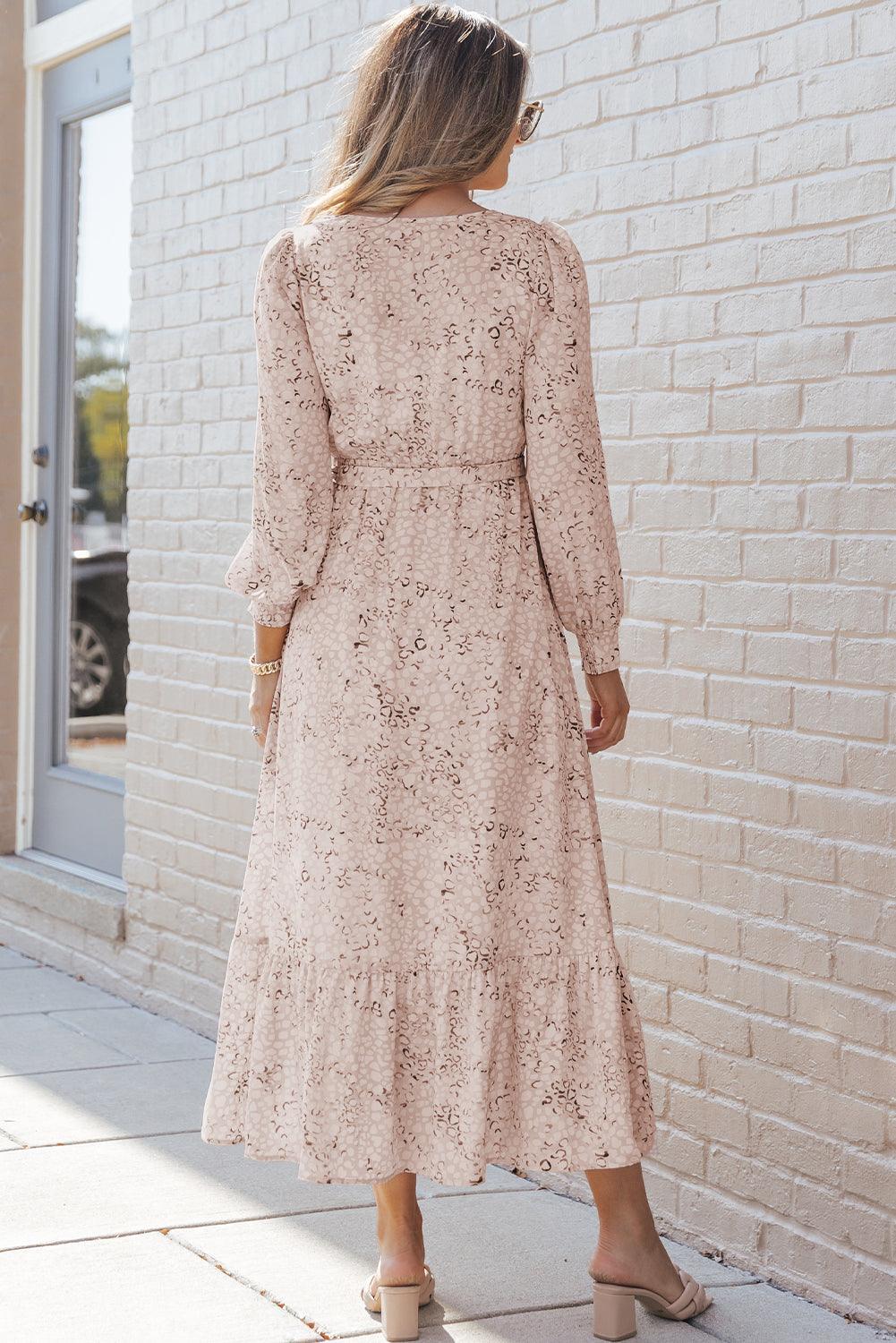 Robe Maxi Imprimé Léopard avec Ceinture et Manches Bouffantes