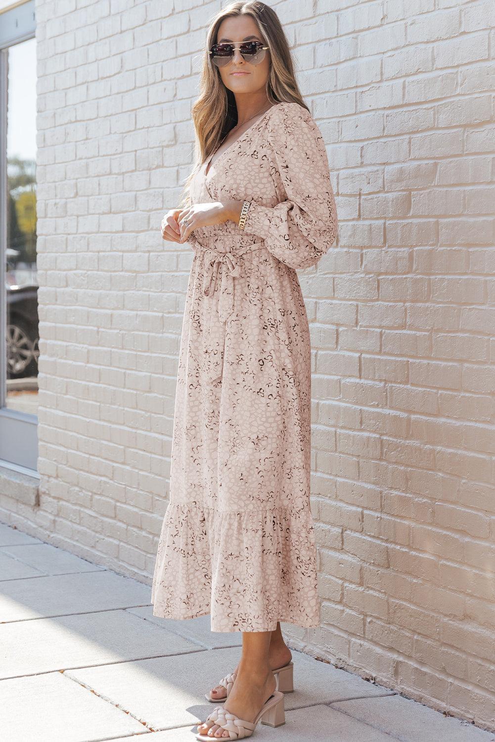 Robe Maxi Imprimé Léopard avec Ceinture et Manches Bouffantes