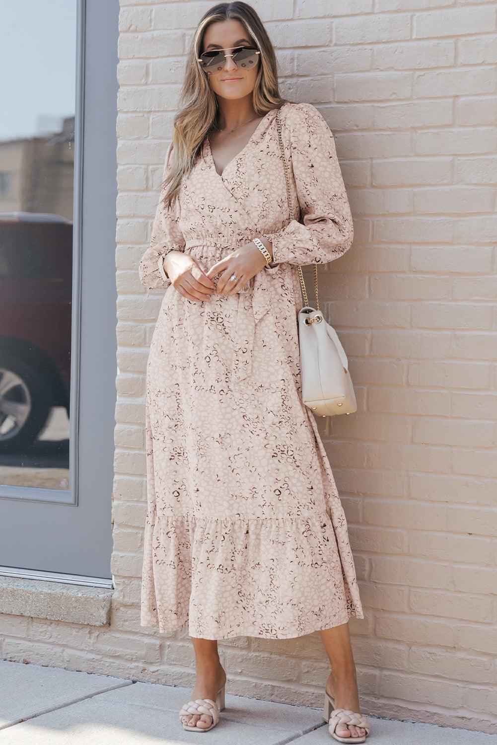 Robe Maxi Imprimé Léopard avec Ceinture et Manches Bouffantes