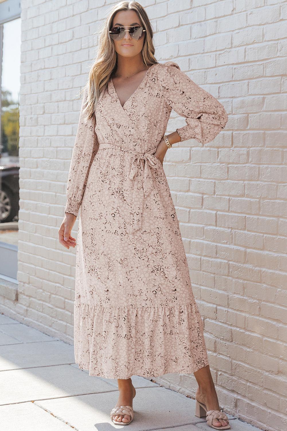 Robe Maxi Imprimé Léopard avec Ceinture et Manches Bouffantes