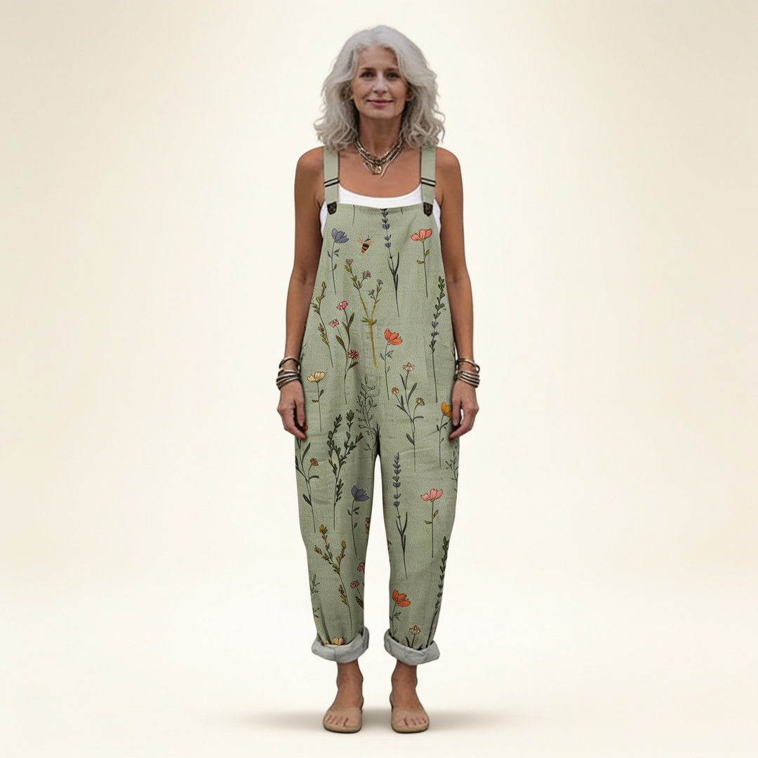 Salopette Femme Ample à Imprimé Floral Vert avec Bretelles Réglables et Poches