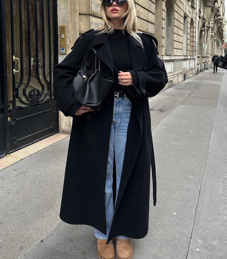 Manteau trench long à double boutonnage pour femmes