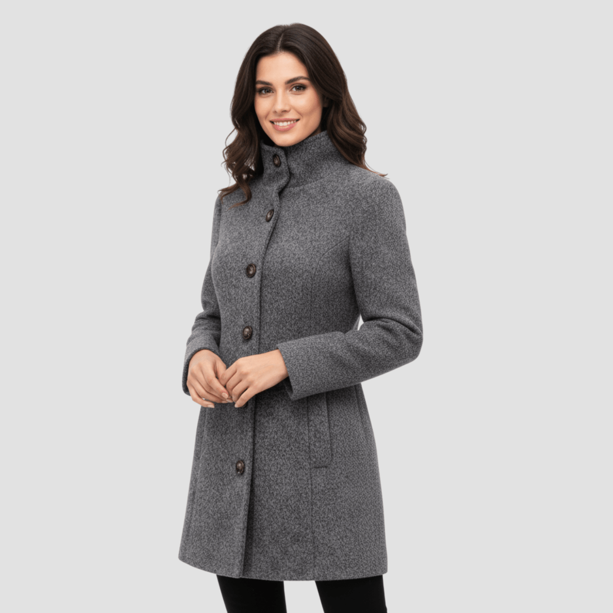 Manteau Boutonné à Col Montant pour Femmes