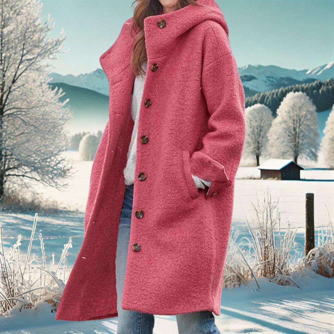 Manteau Long à Capuche en Tissu Effet Laine pour Femme