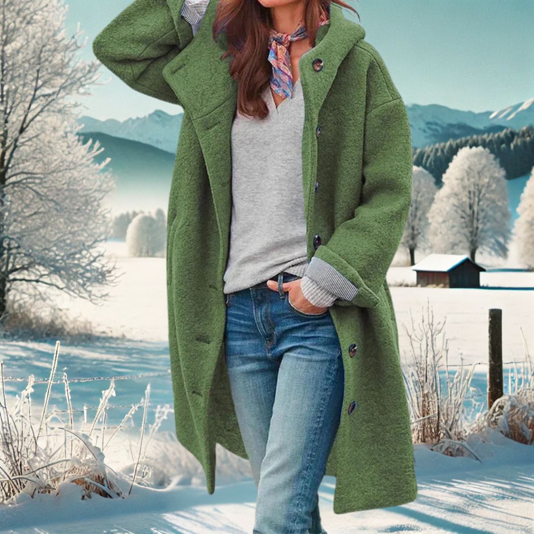 Manteau Long à Capuche en Tissu Effet Laine pour Femme