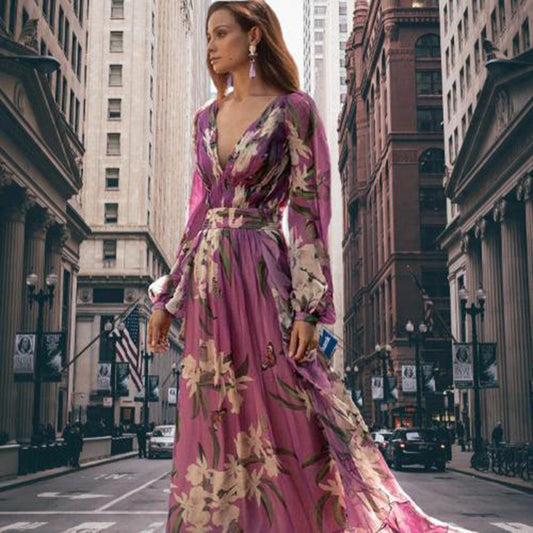 Robe Maxi Imprimé Floral Col V pour Femmes
