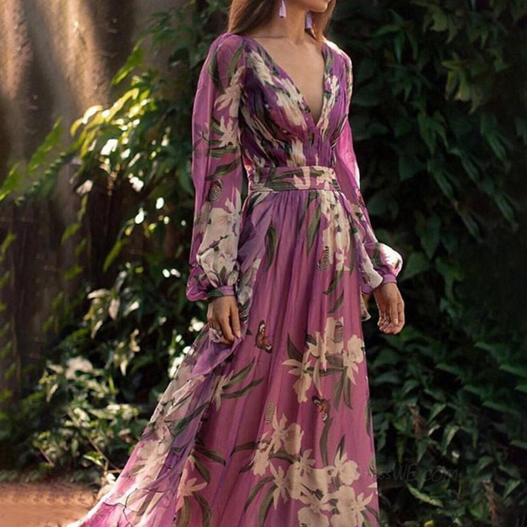 Robe Maxi Imprimé Floral Col V pour Femmes