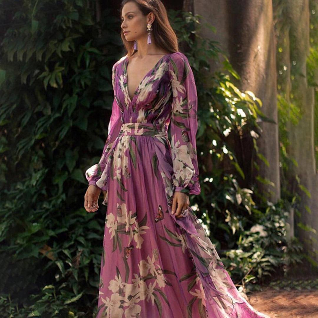 Robe Maxi Imprimé Floral Col V pour Femmes
