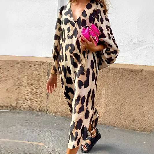 Robe Maxi Imprimé Animalier à Manches Bouffantes pour Femmes