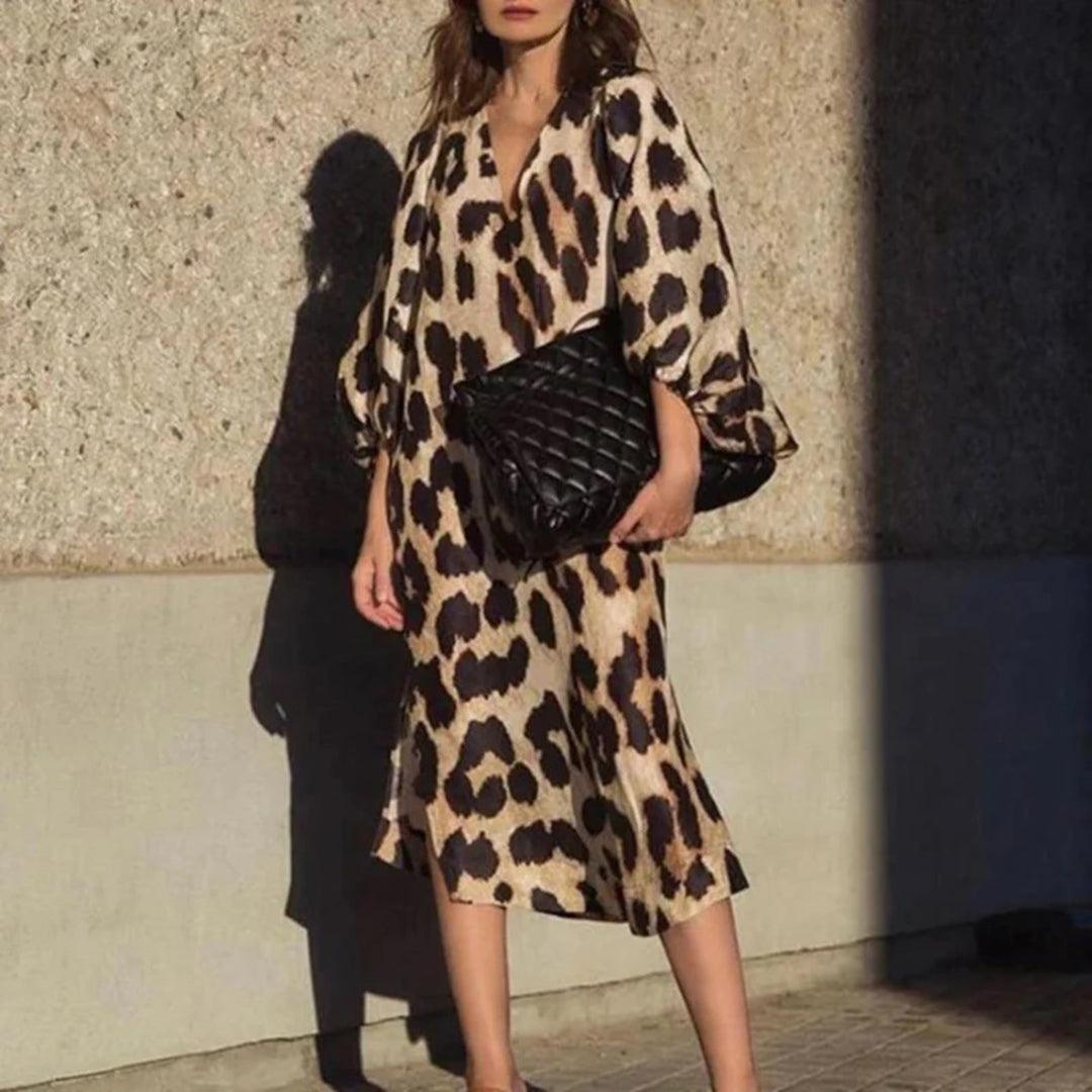 Robe Maxi Imprimé Animalier à Manches Bouffantes pour Femmes