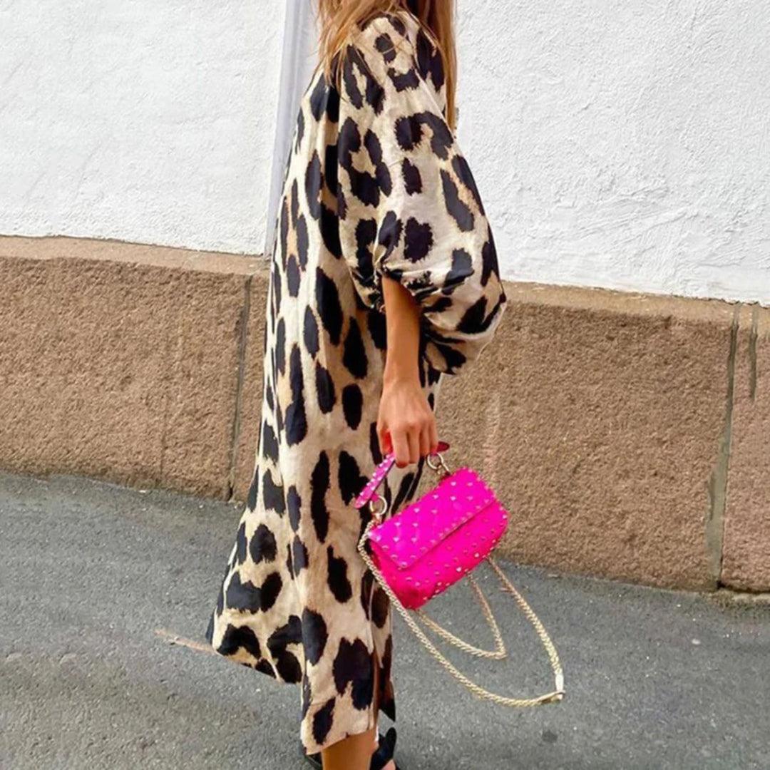 Robe Maxi Imprimé Animalier à Manches Bouffantes pour Femmes