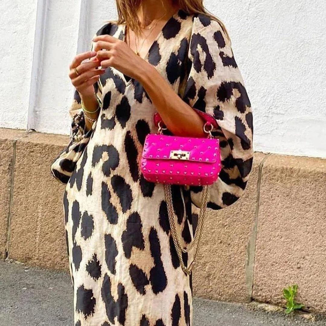 Robe Maxi Imprimé Animalier à Manches Bouffantes pour Femmes