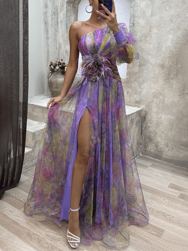 Robe Maxi à Une Épaule et Imprimé Floral pour Femmes