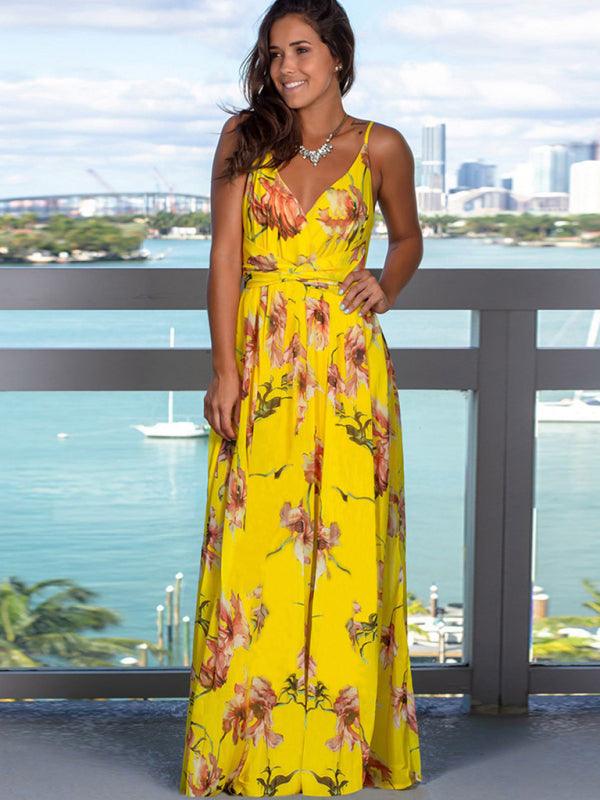 Robe Maxi Imprimé Tropical Décolleté en V pour Femmes
