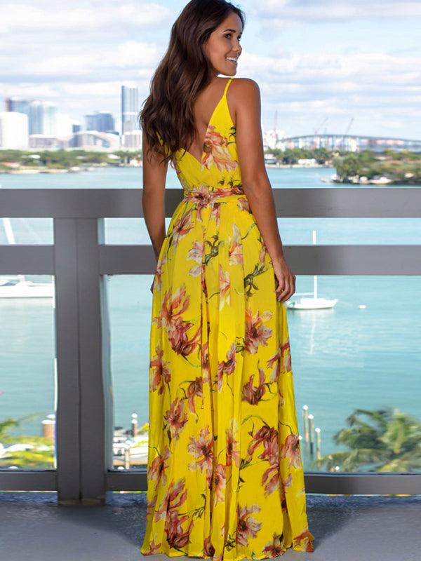 Robe Maxi Imprimé Tropical Décolleté en V pour Femmes