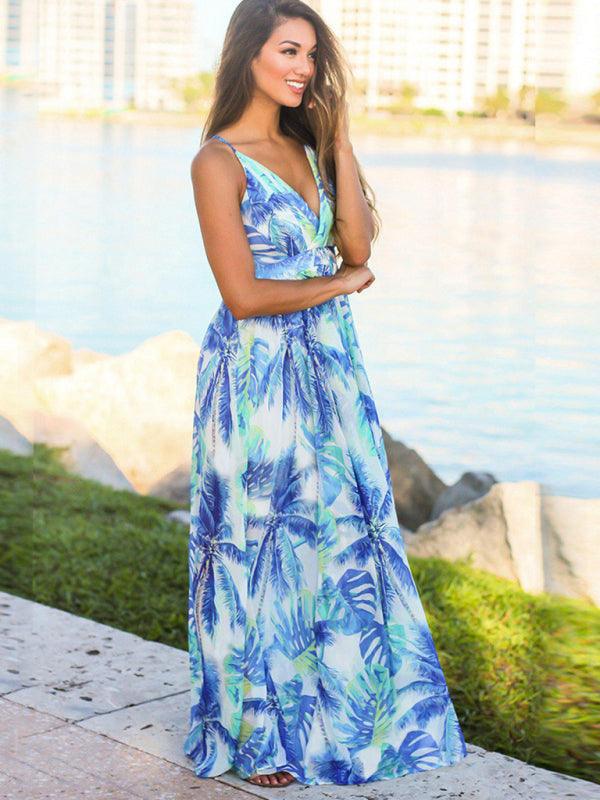 Robe Maxi Imprimé Tropical Décolleté en V pour Femmes