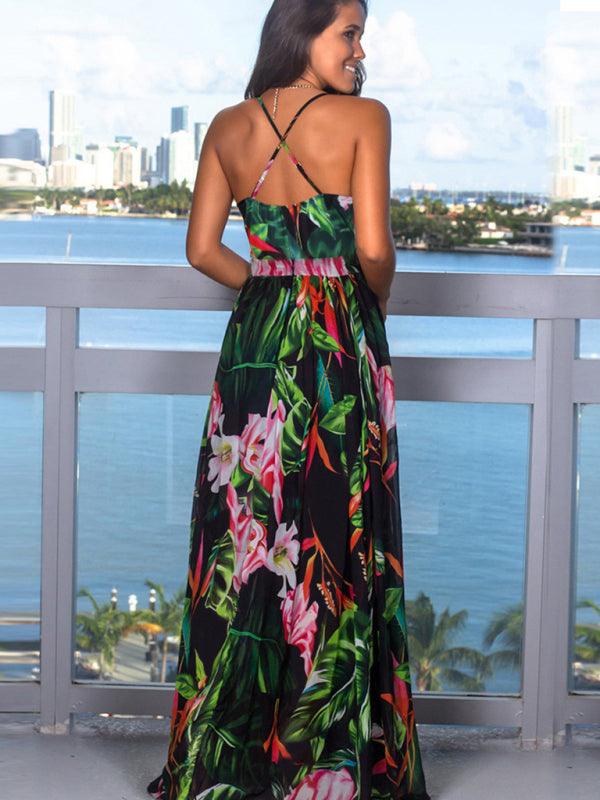 Robe Maxi Imprimé Tropical Décolleté en V pour Femmes