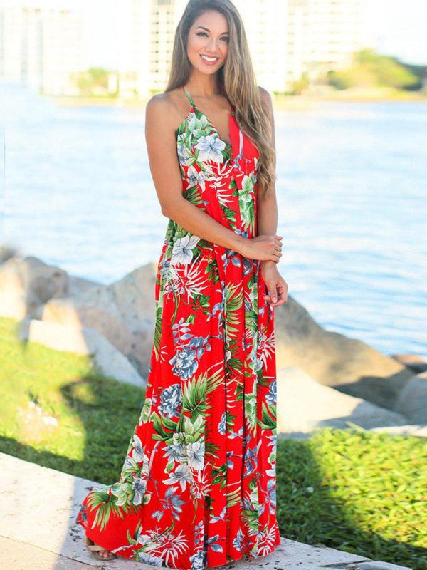Robe Maxi Imprimé Tropical Décolleté en V pour Femmes