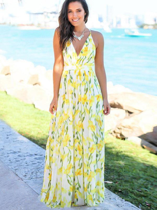 Robe Maxi Imprimé Tropical Décolleté en V pour Femmes