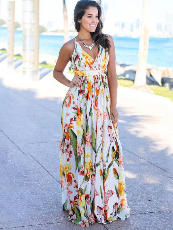 Robe Maxi Imprimé Tropical Décolleté en V pour Femmes