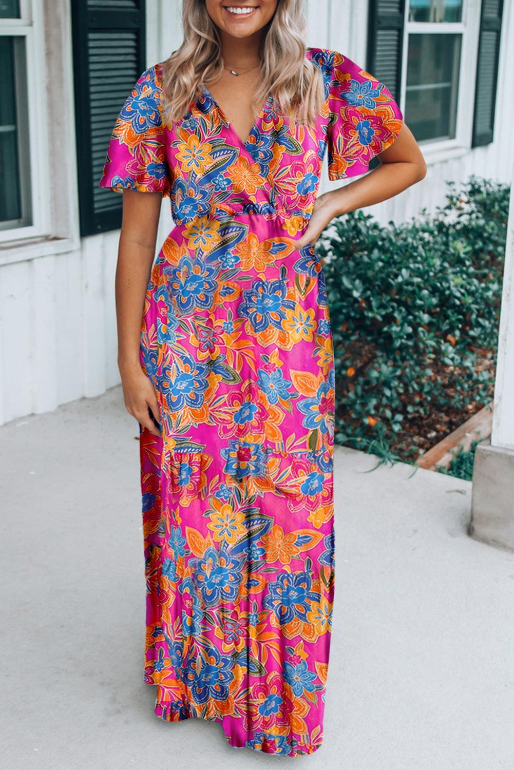 Robe Maxi Décolleté en V Imprimé Floral pour Femmes